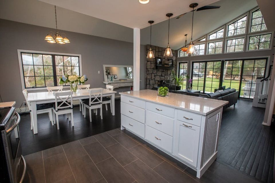 Island, dining, and living area