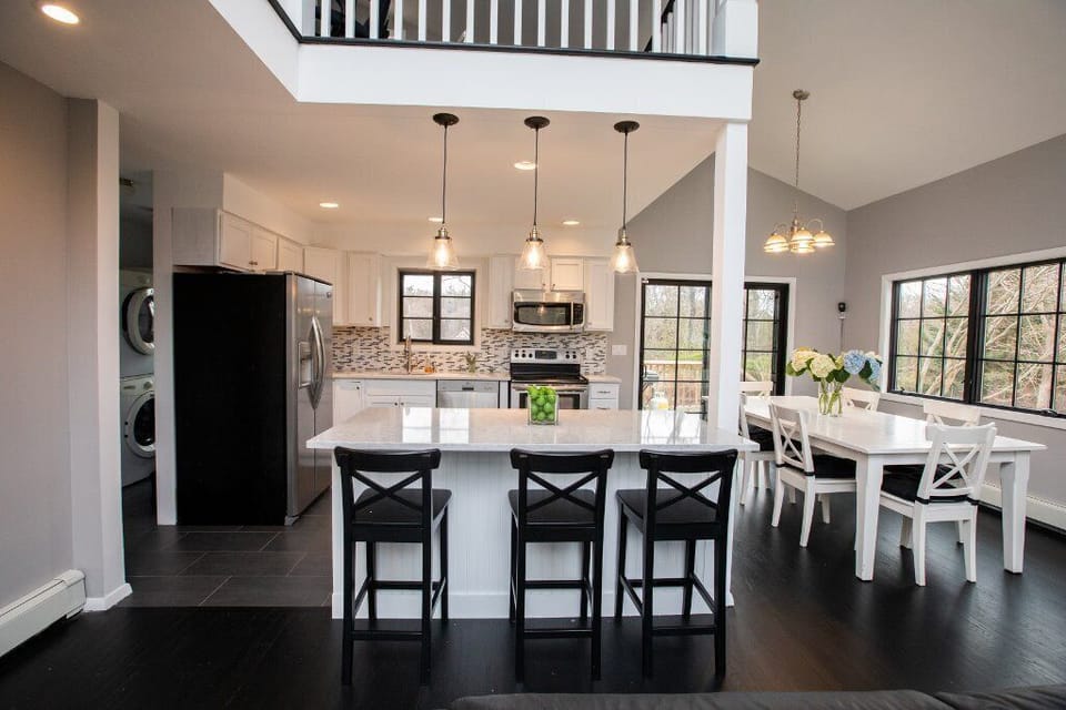 Kitchen and dining, with laundry down the hall.