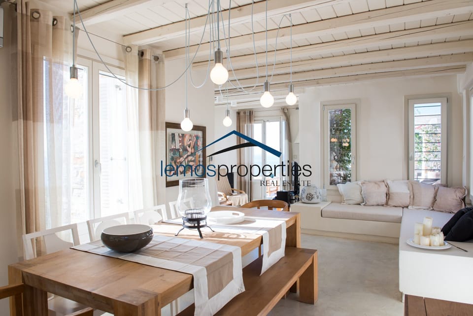 The living room and dining area