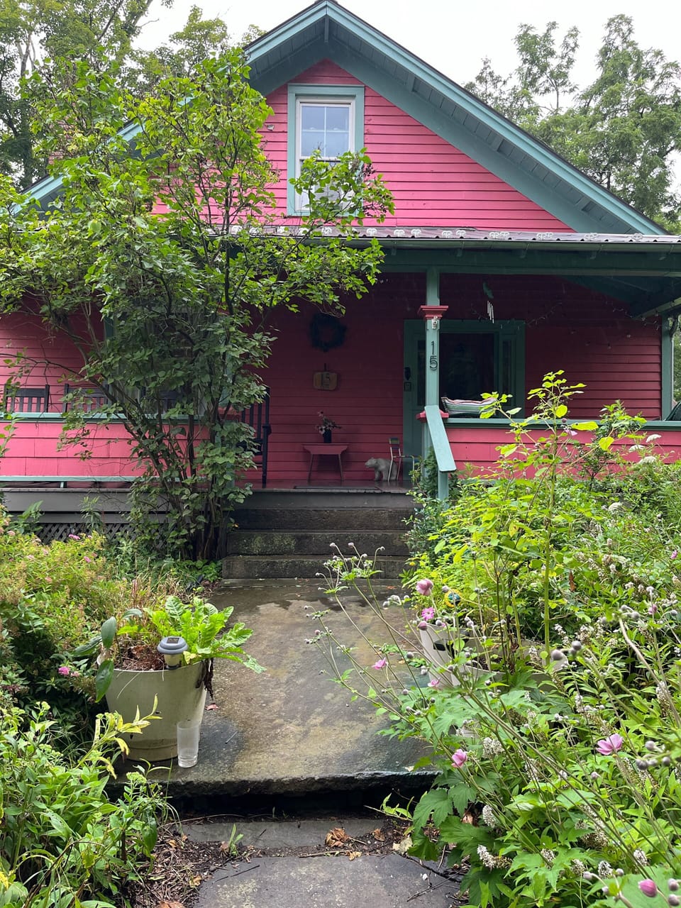 Front porch is somewhat hidden from the street by our wild front garden.