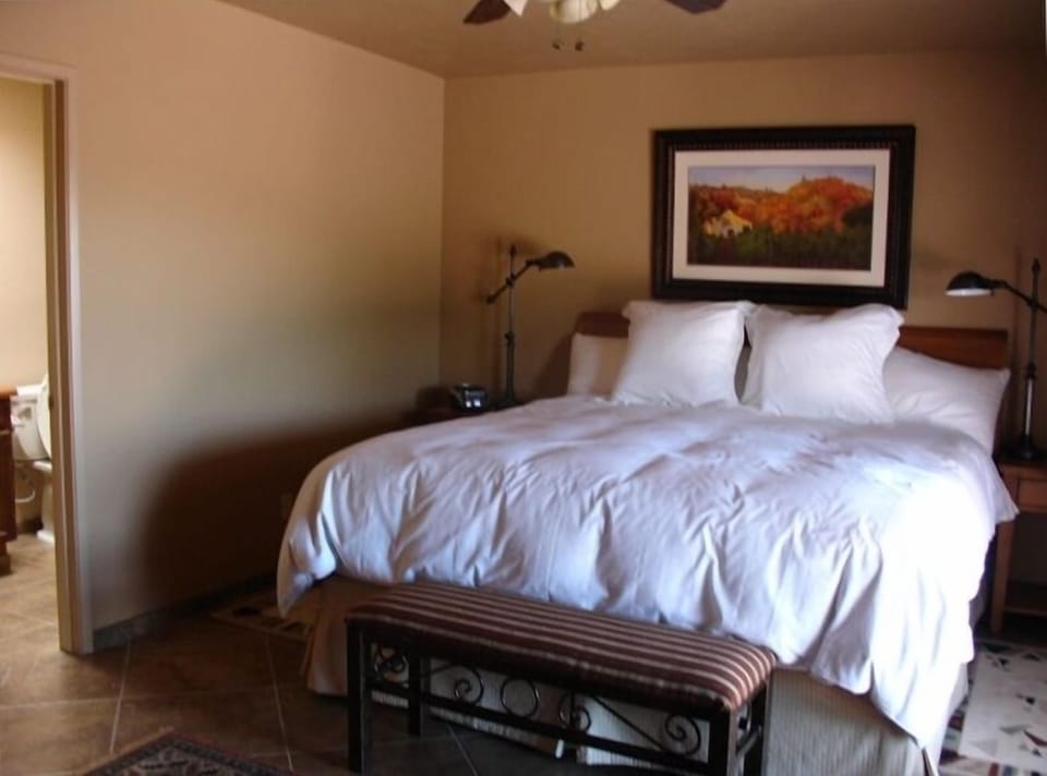 Upscale king mattress and bedding in master.  French door access to patio.