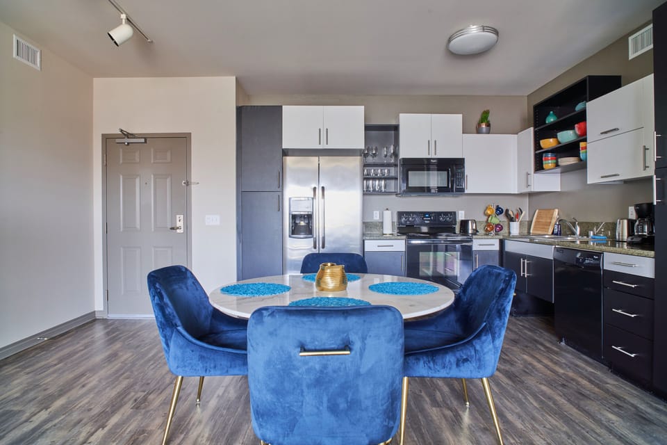 Open layout of the living and dining areas
