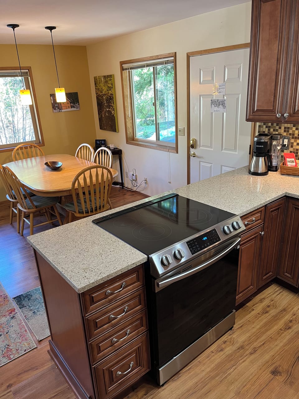 Kitchen, front door, dining room