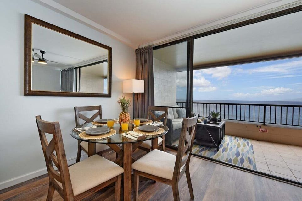 Indoor dining with relaxing ambiance and stunning view of the Pacific