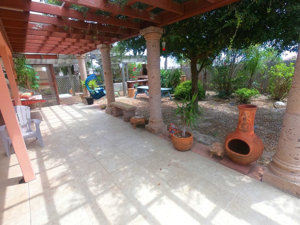 Backyard tiled patio