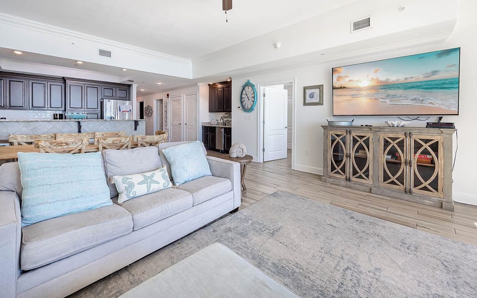 Relax on the plush sofa with a queen sleeper in the living room and enjoy a good movie after a day of adventure