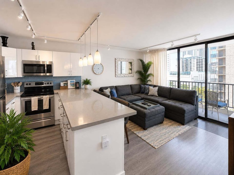 The bright and airy open floor plan creates a cozy, welcoming atmosphere, perfect for relaxing and entertaining during your stay.