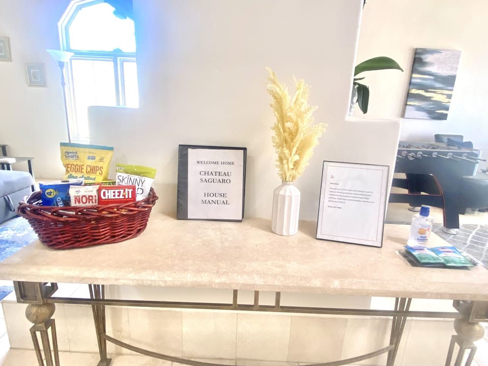 Complimentary gift basket and house manual. 