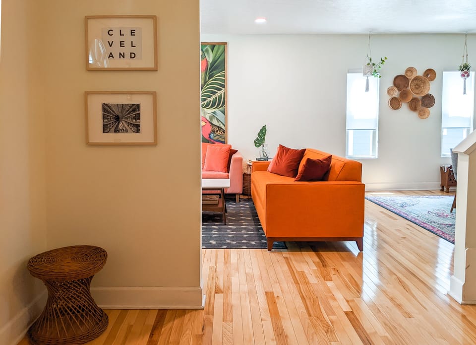Open entry in the dining and living room. Sleeper sofa with memory foam mattress