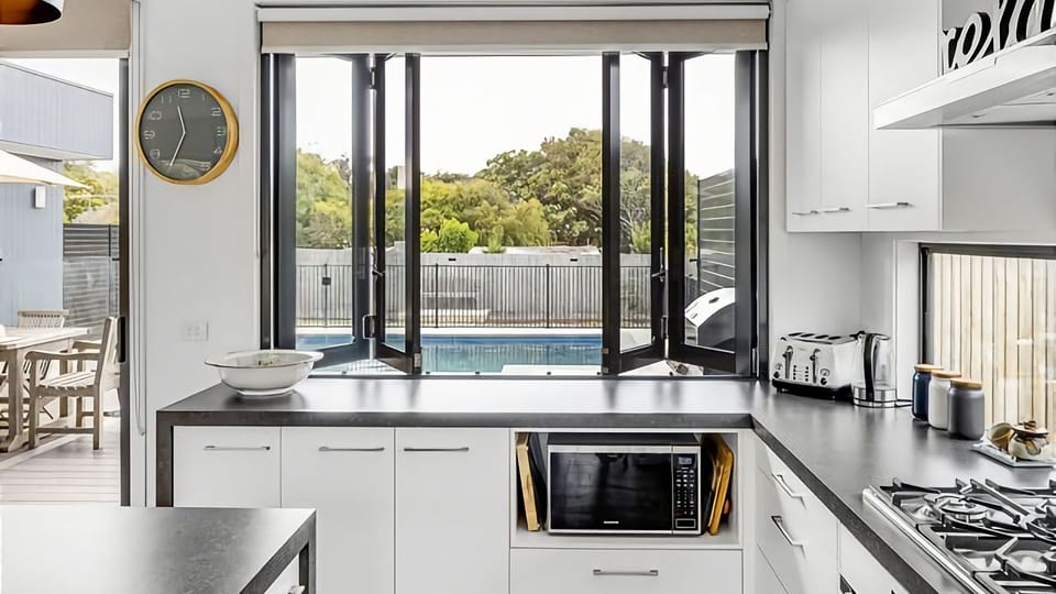 Bifold kitchen servery perfect for bringing inside , out.