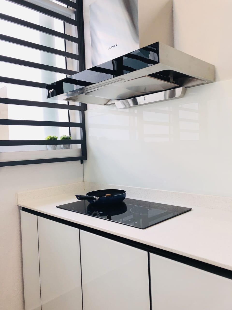 Wet kitchen, with hood and hob and cooking utensils