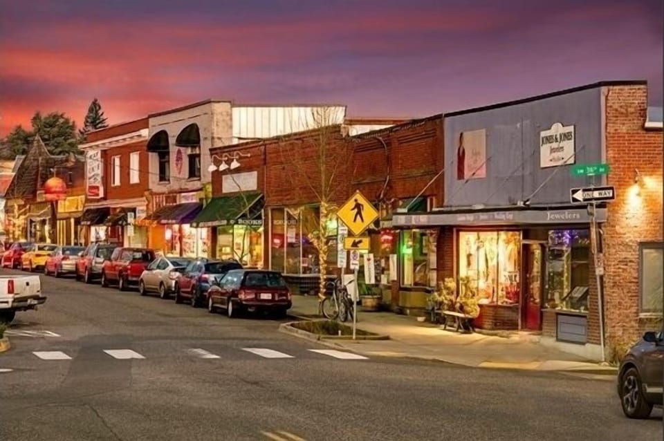 1 block (of 3) of shops, pubs, restaurants, & other businesses in “The Village”
