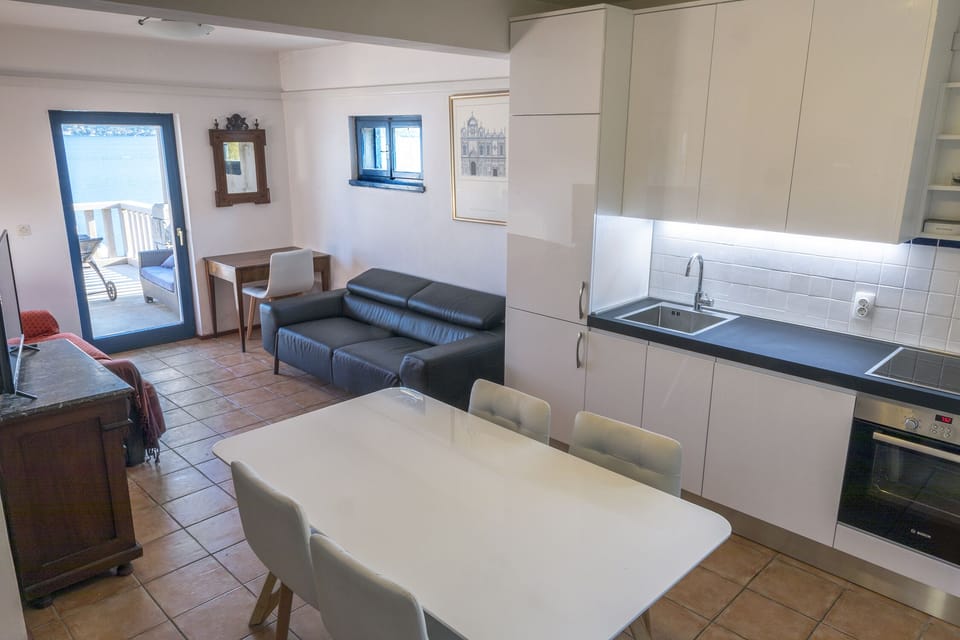 View from kitchen towards living room and deck
