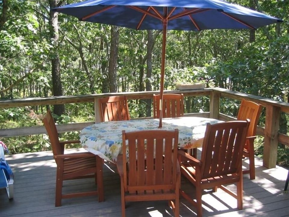 Teak dining table with umbrella