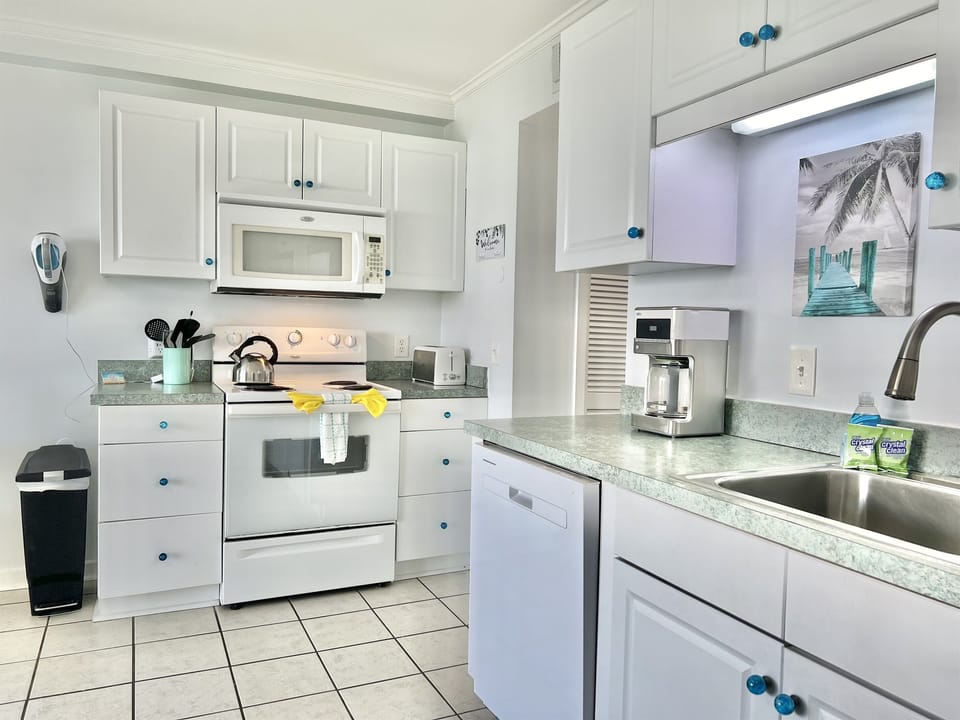 All regular size appliances.  We have a new fridge with ice maker, new dishwasher, four burner stove and oven, microwave, coffee maker, toaster, ninja blender, rice maker, dinnerware, and extra cookware