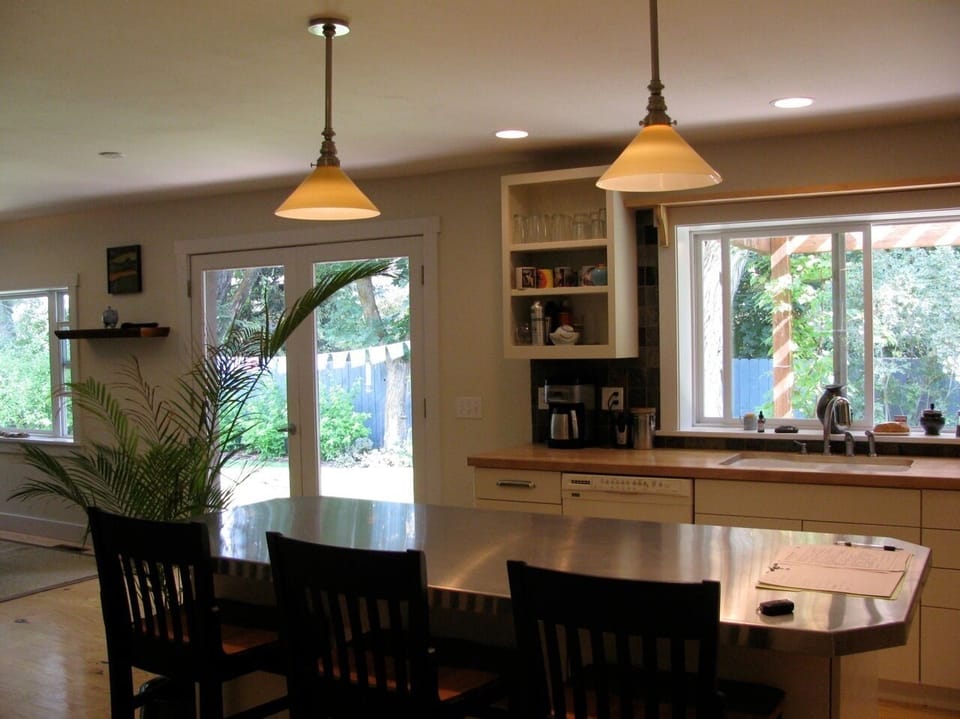 Kitchen island and french doors to patio area