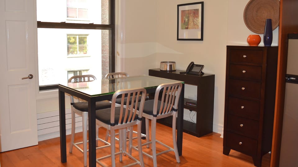 Dining Room w Glass Table, Four Chairs, Shelves & Six Drawers Chest - 2