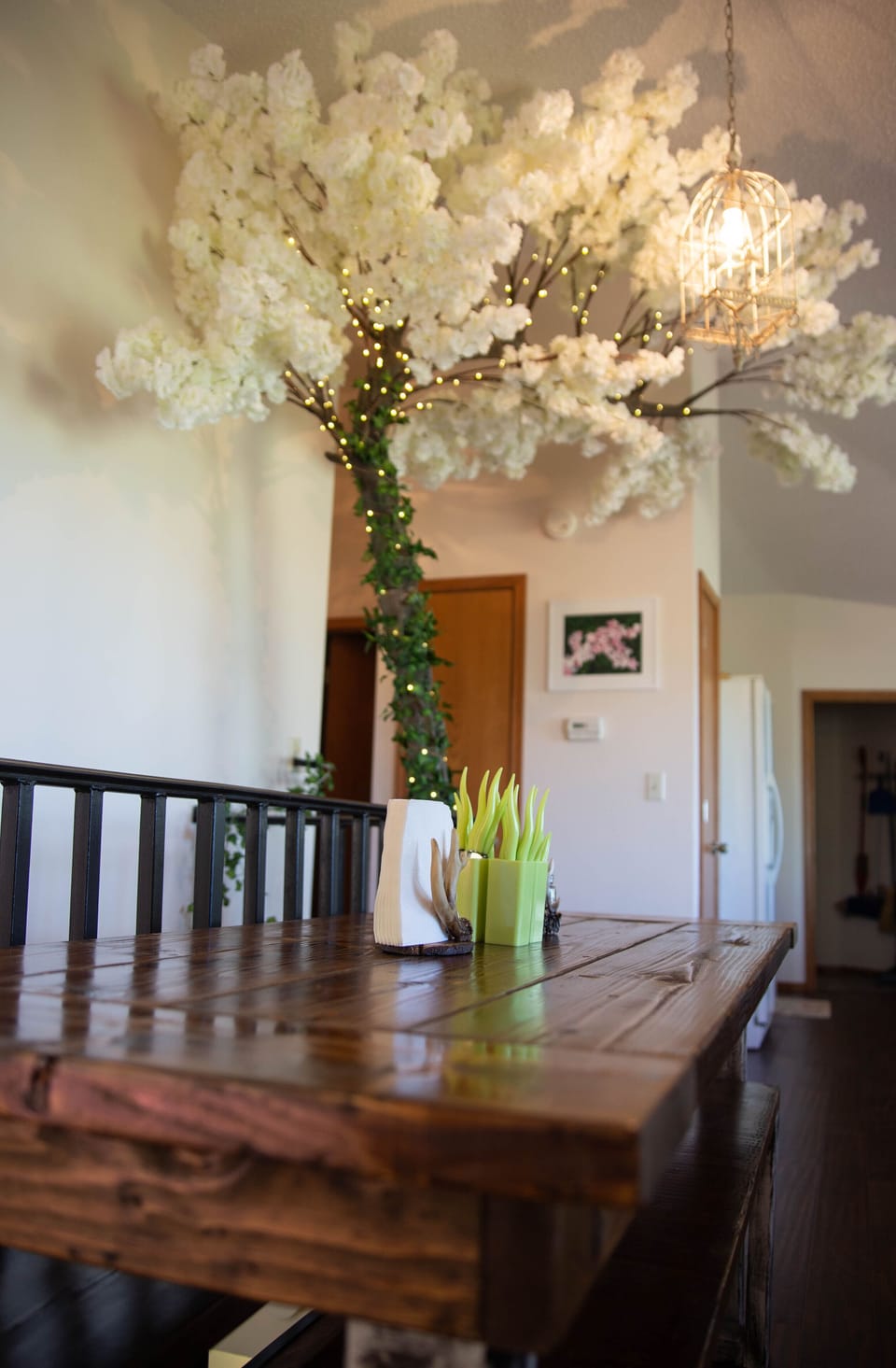 Farm table with benches for dining together while under our cherry blossom tree