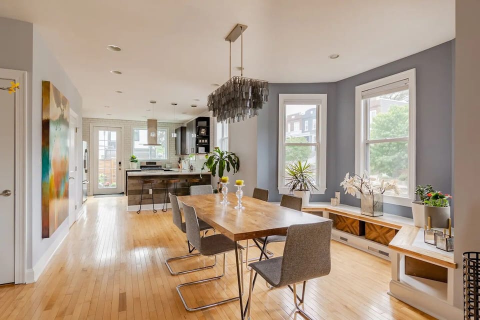 The dining table seats 6 people very comfortably. The