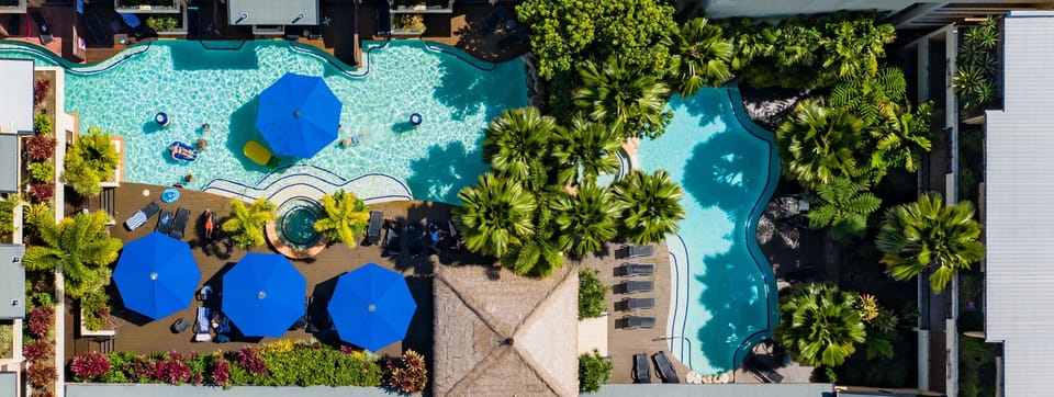 Aerial view of the pool and BBQ area