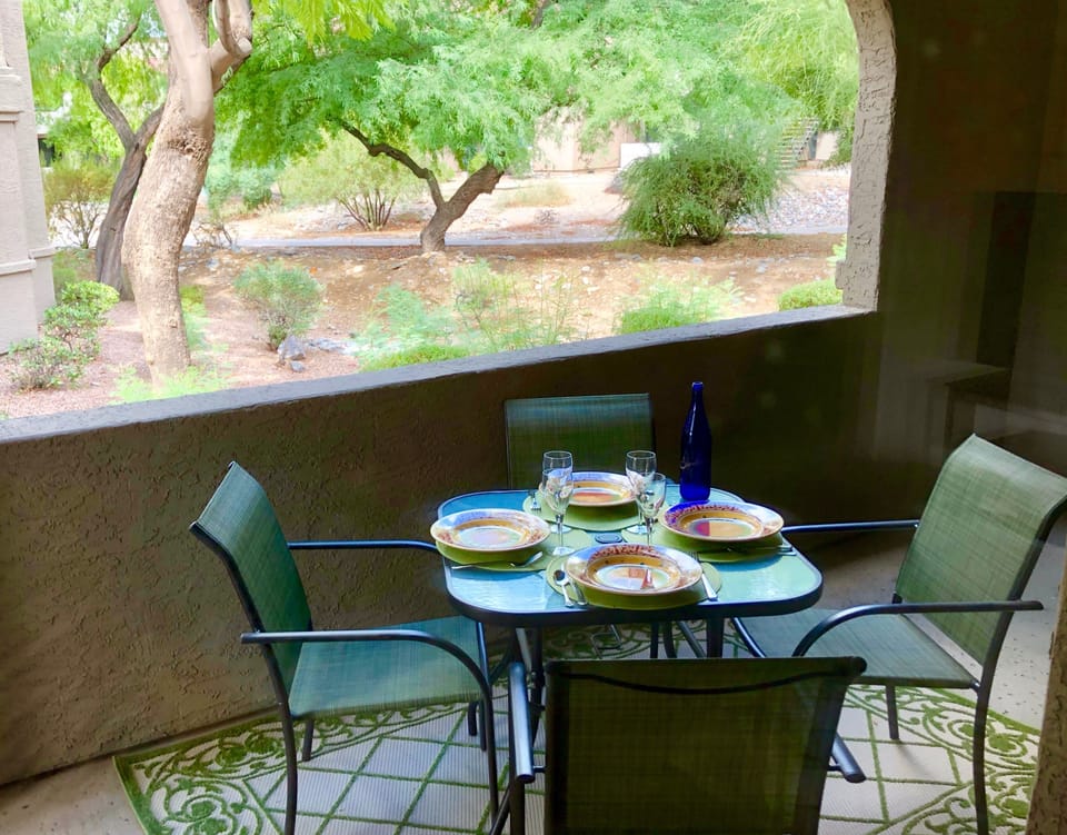 Patio includes electric BBQ and pleasant view.....