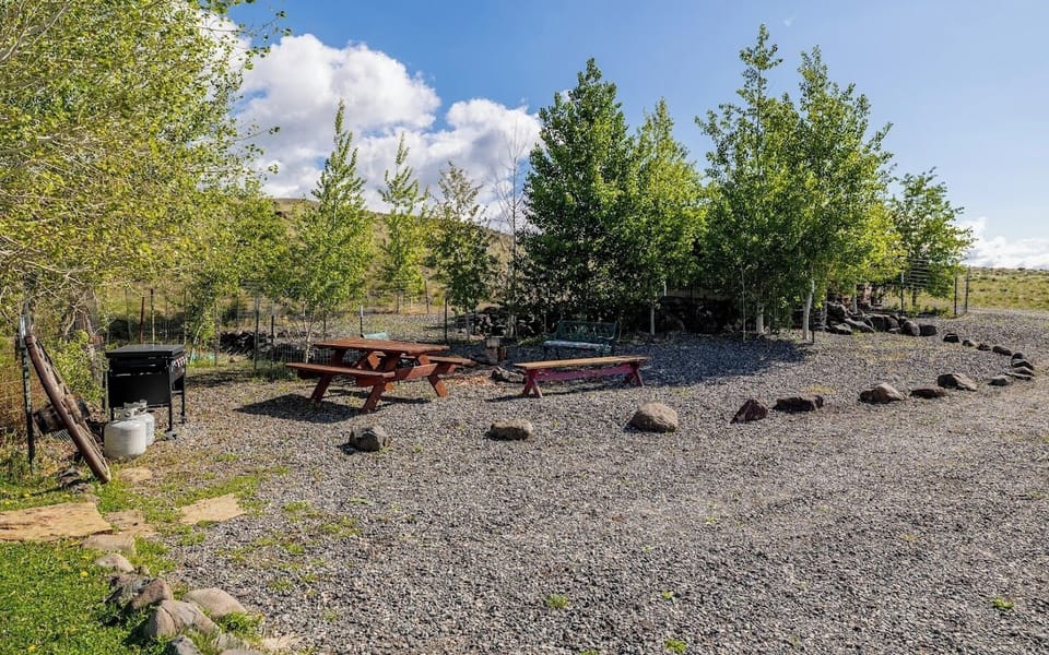 Gas BBQ grill, firepit and outdoor seating in space between Highland Bunkhouse and Highland Homestead
