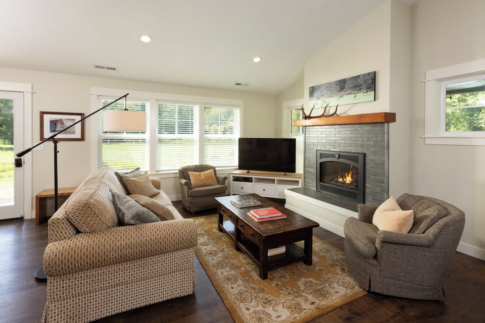 Curl up by the fireplace with a good book or catch a movie, 