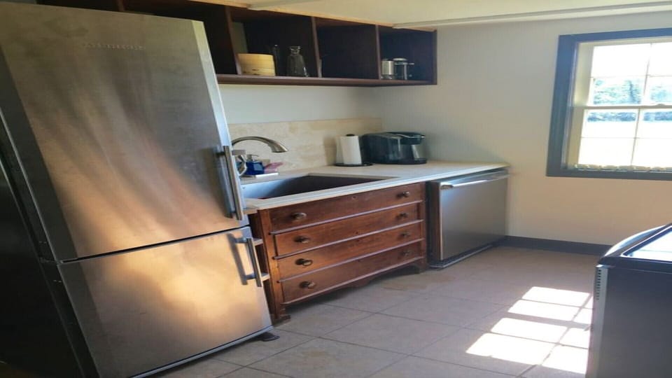 stainless steel fridge, sink and keurig coffee 