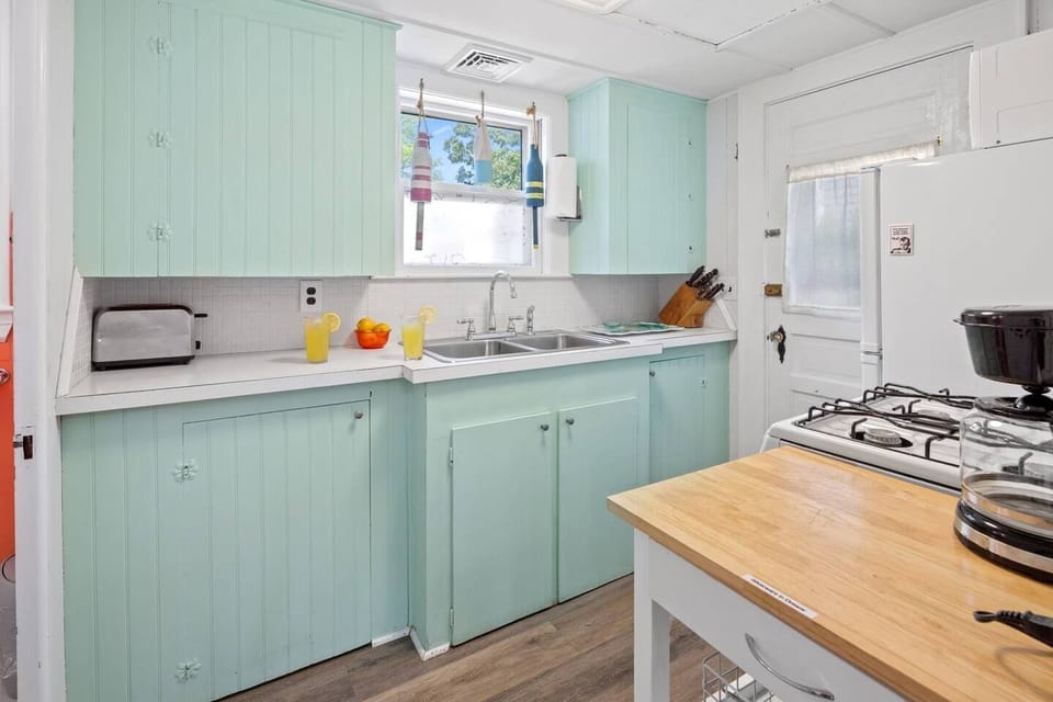Ample counter space provides room for meal preparation and food presentation.