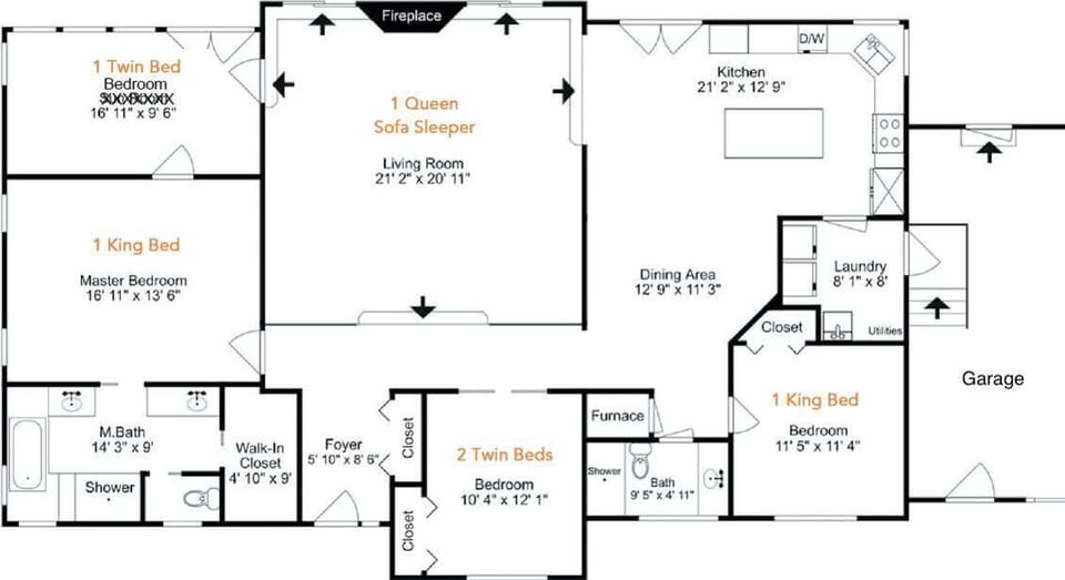 Floor plan with bed sizes noted.