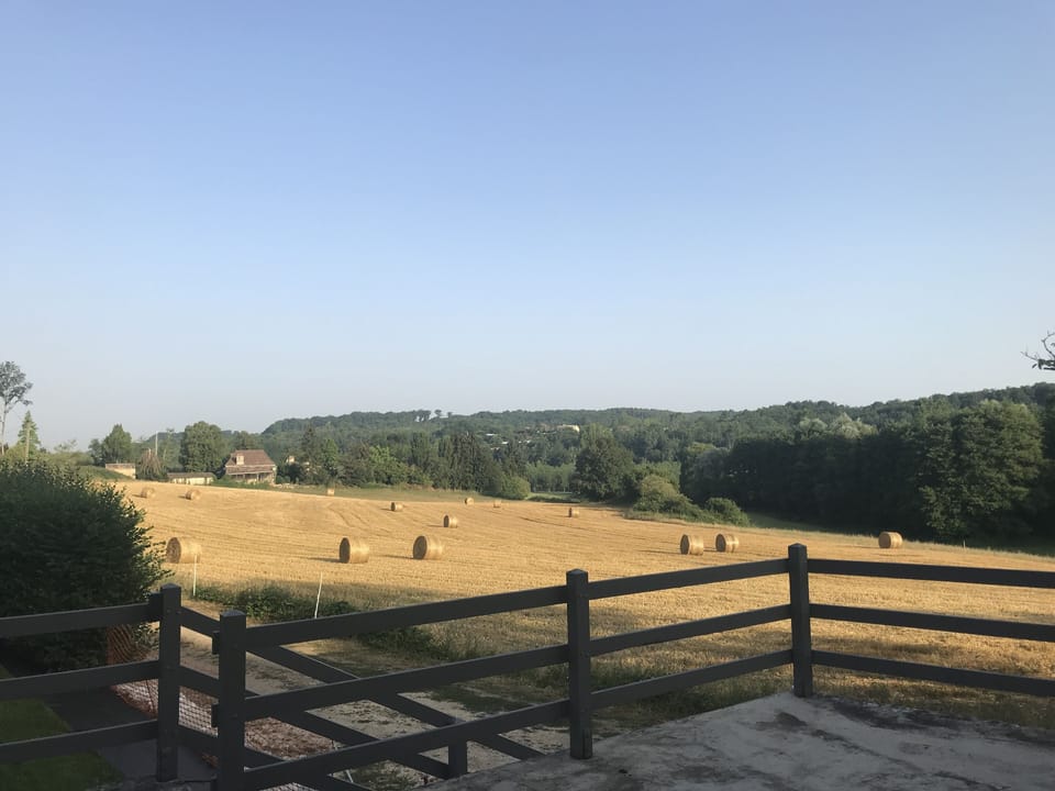 View of the meadow covered with the beautiful golden hay bales.