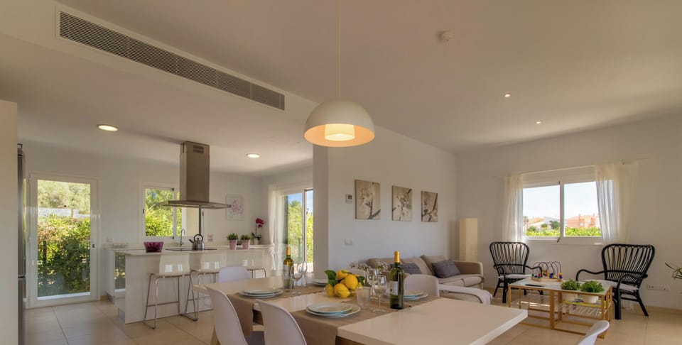 Open living room, dining room and kitchen
