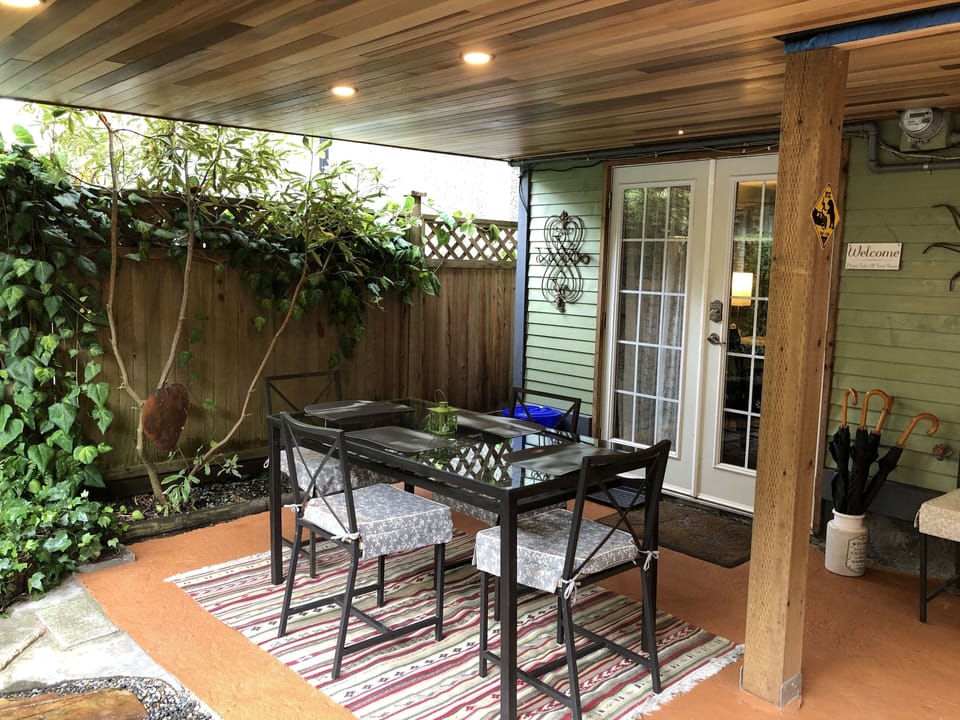 Covered outdoor dining area.