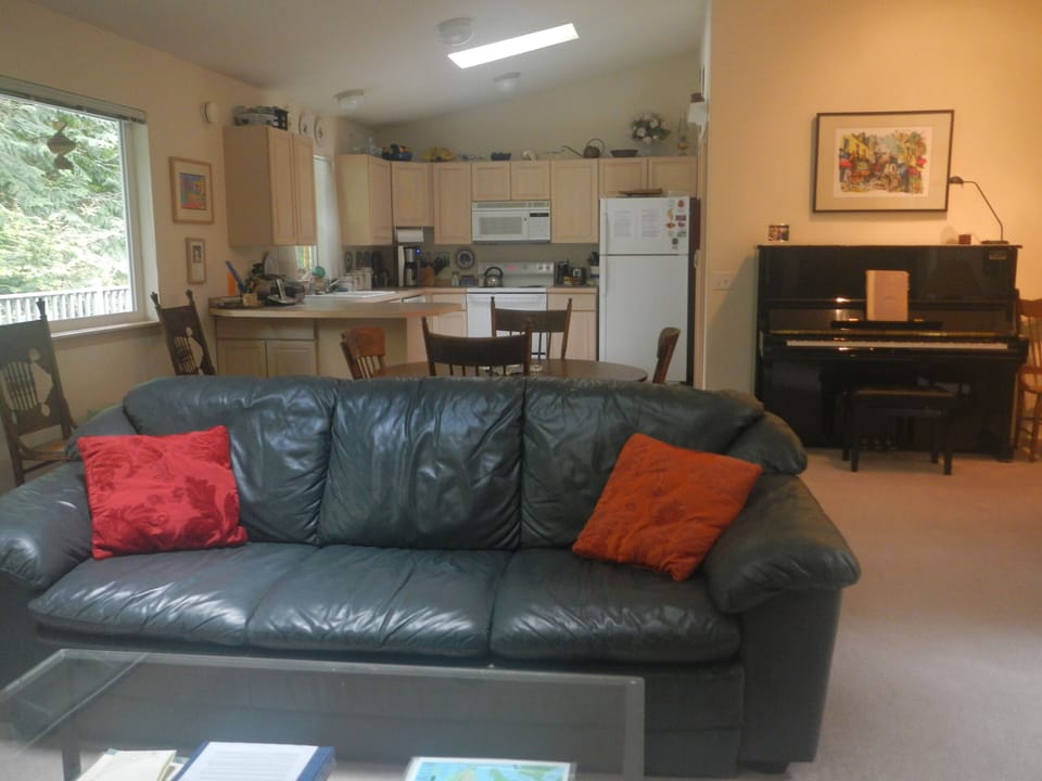 Natuzzi leather sofa bed with kitchen as seen from the other end of Great Room