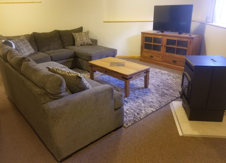 Comfortable TV room with brand new couches