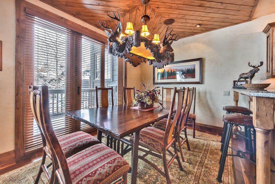 Dining Room with Seating for up to 8 with Stunning Woodwork on the Celiing