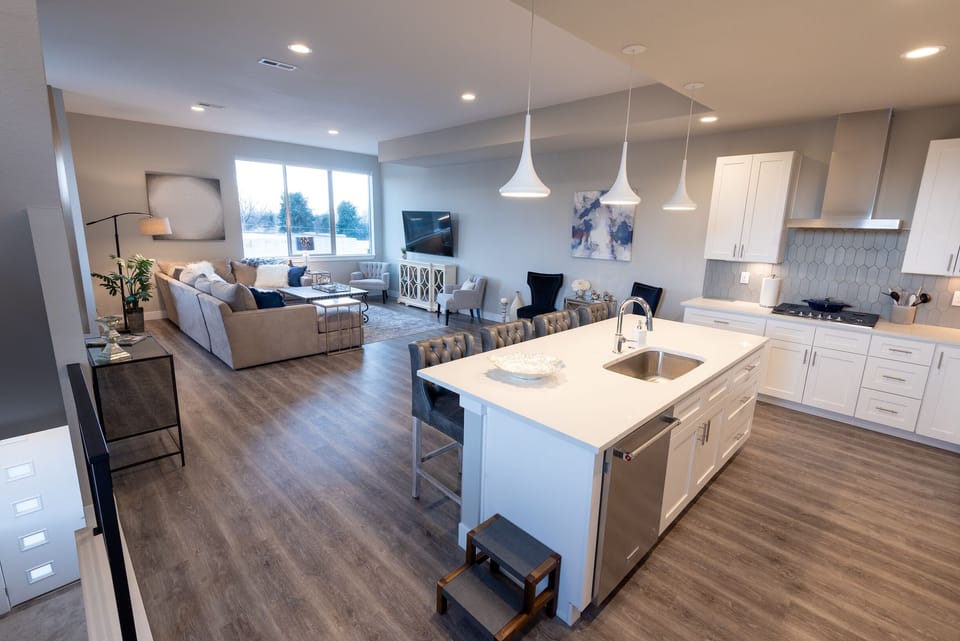 The expansive open-concept living area.