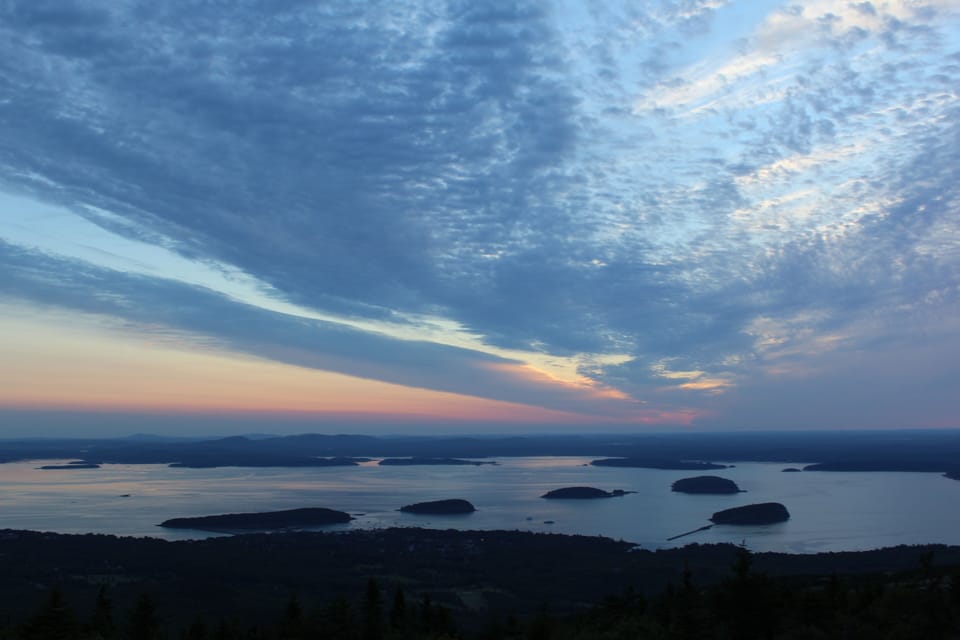 Sunrise view of Bar Harbor and the Porcupine Islands from Cadillac Mountain