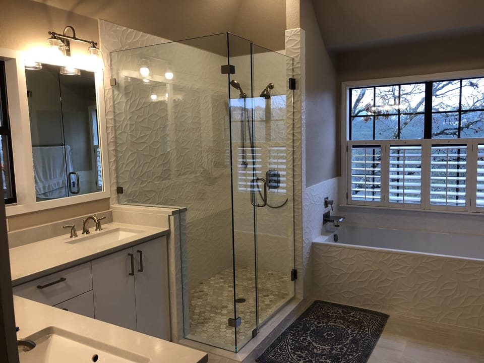 Master bathroom with HUGE shower and great views of the pool and canyon