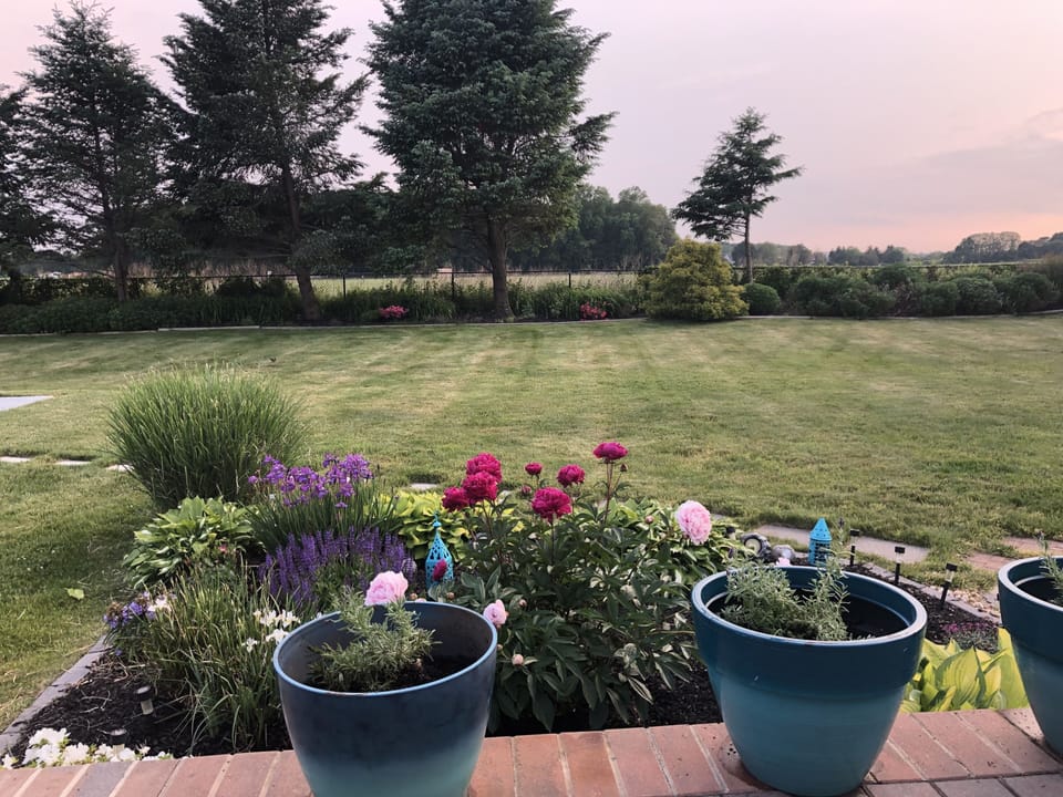 Wide open peaceful fields beyond the backyard with glorious sunsets.