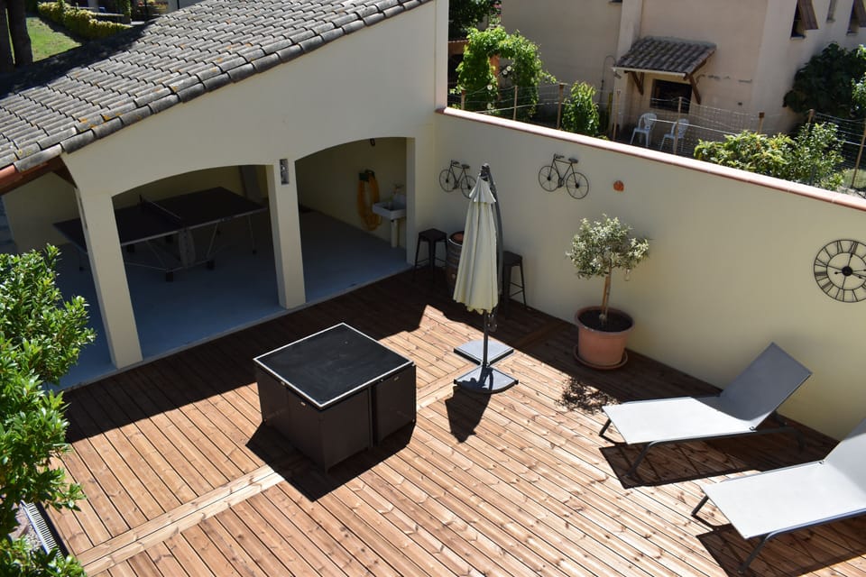 View down of the terrace from the bedroom window
