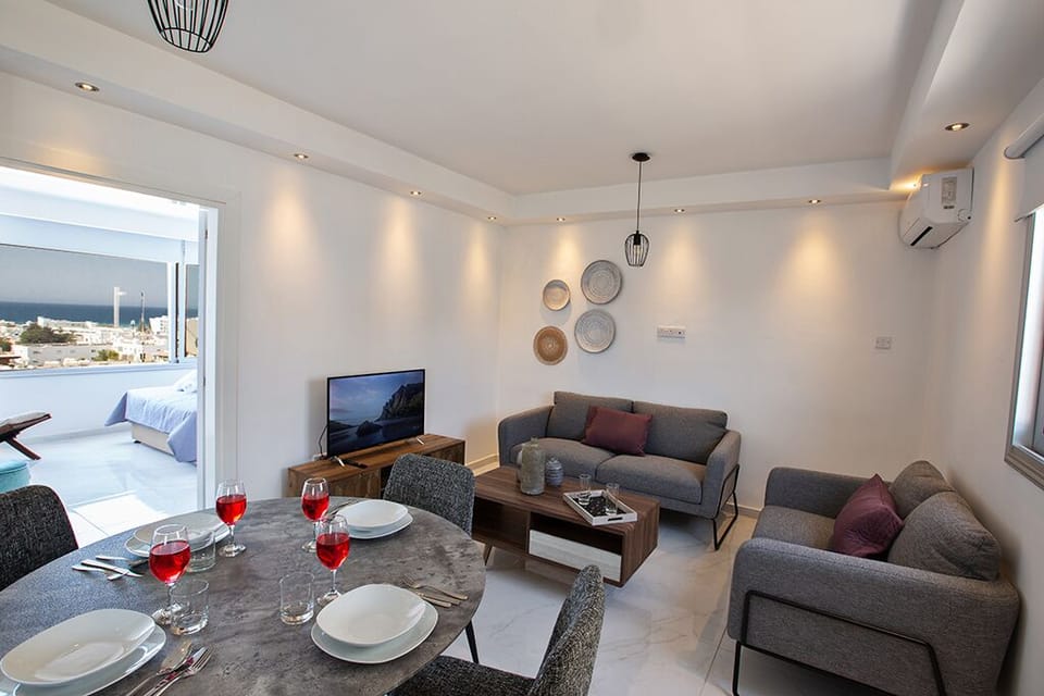 Living room with comfortable sofas and widescreen TV