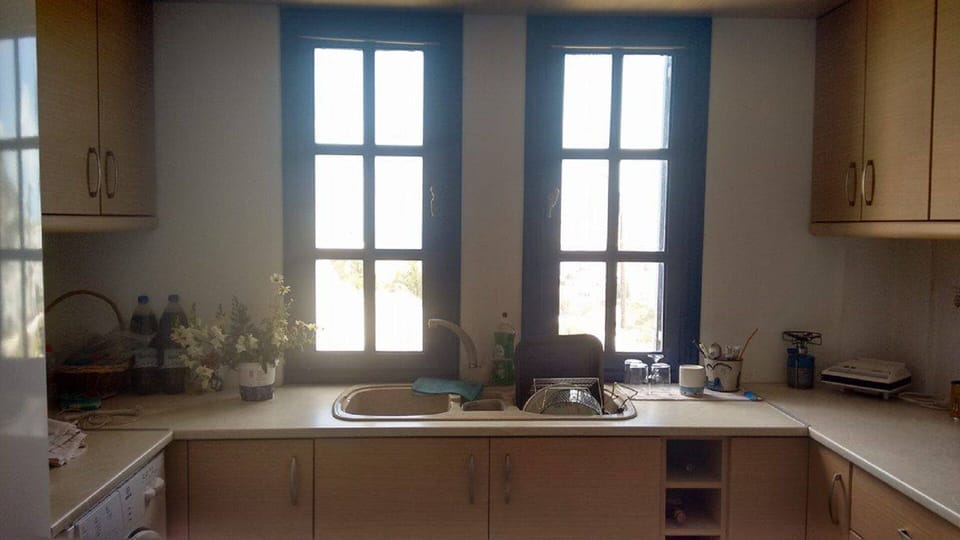 The kitchen windows, on your left there's the large fridge & the washing machine