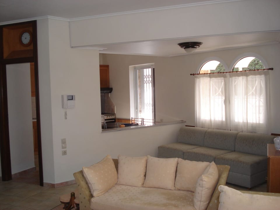 Living room with kitchen in the background.