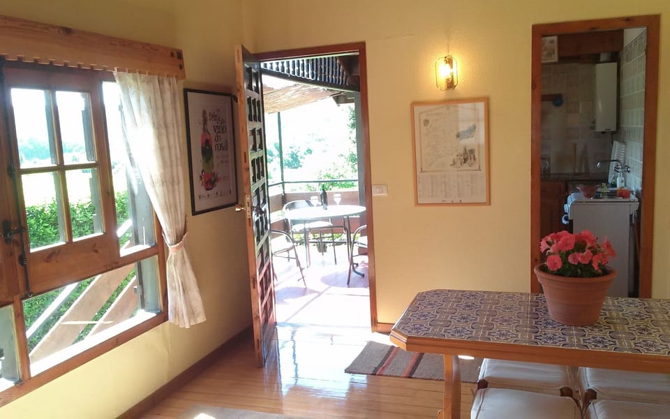 view out of living room showing Kitchenette and outside dining terrace.  