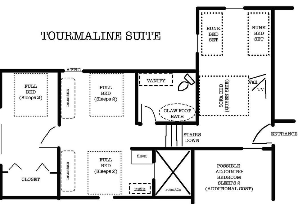 2nd Floor - Drawing of the large family suite, Tourmaline. can sleep up to 12