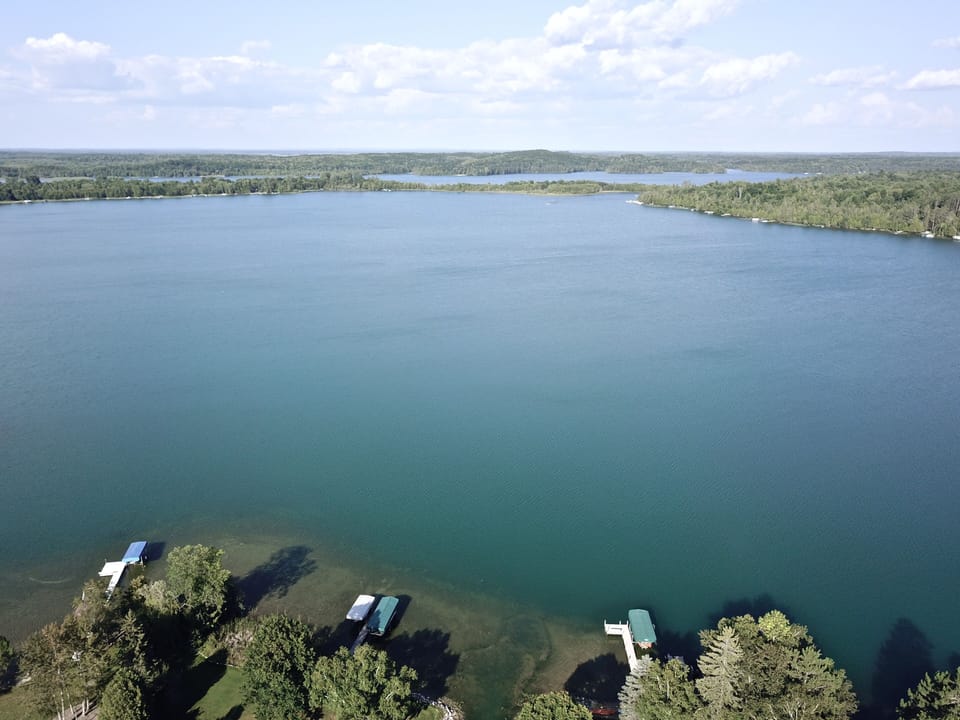 Aerial view of Thunder lake, bay in front of property