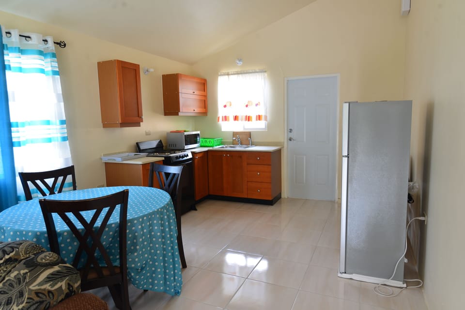 Wide view of the kitchen area