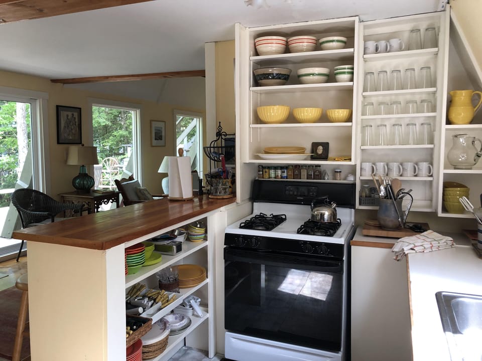 Kitchen overlooks pond.