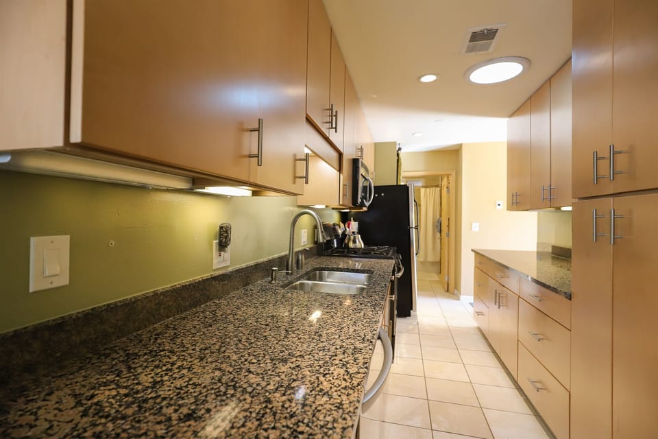 Kitchen and lots of storage.